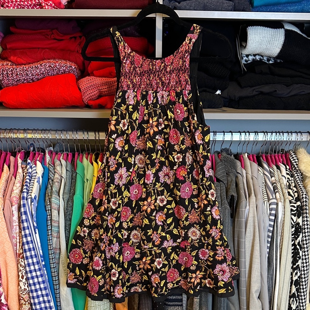 Free People black/pink/yellow floral v back sleeveless lined dress size XS